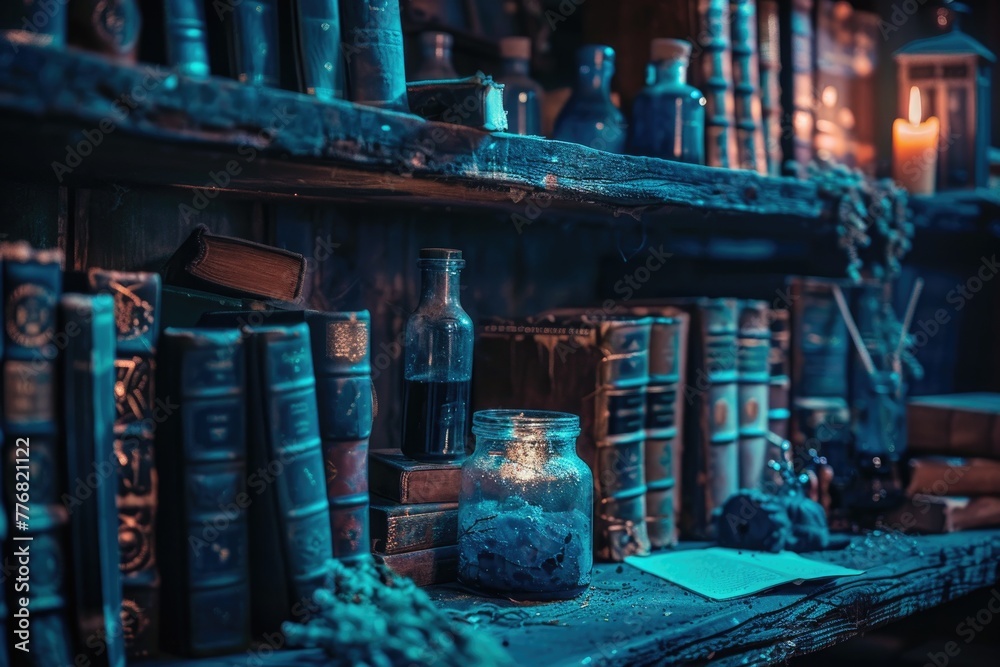 Shadowy library shelves filled with ancient books and mysterious potions, under dim, atmospheric lighting Shadowy library shelves filled with ancient books and mysterious potions, under dim, atmospheric lighting