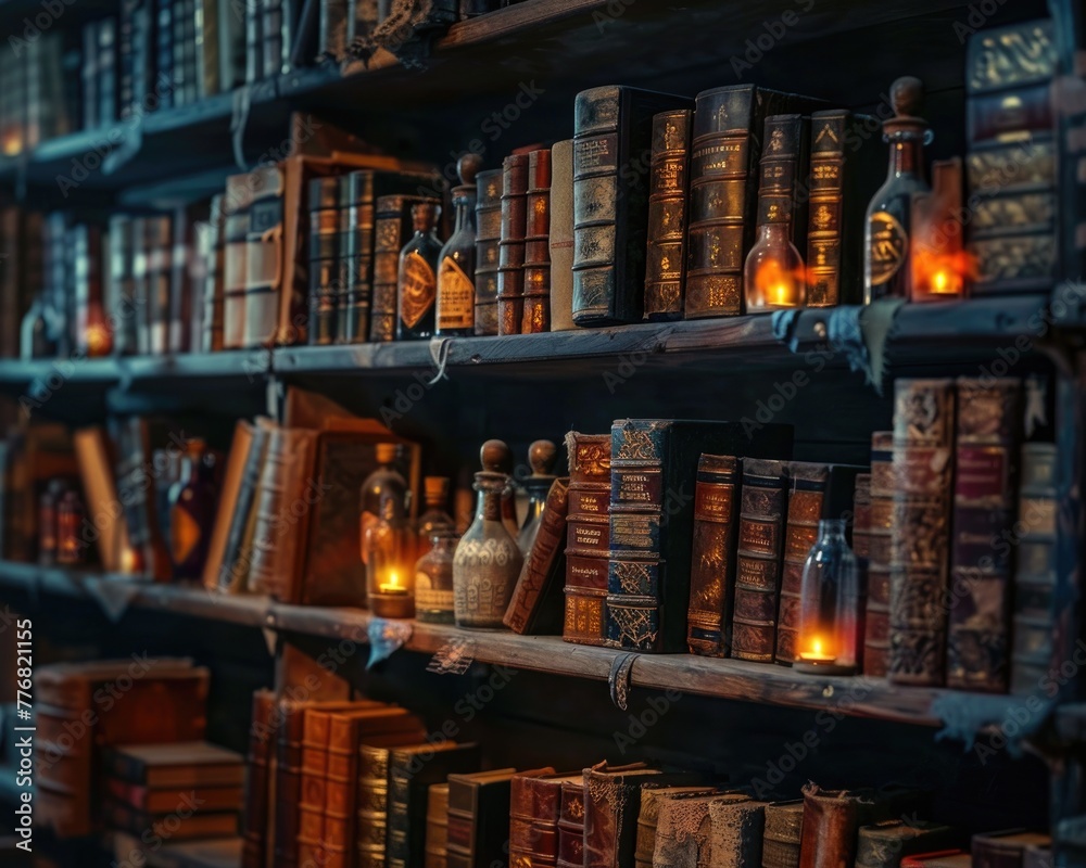 Dark academia shelves, leather-bound tomes beside glowing potion bottles, under a shadowy light