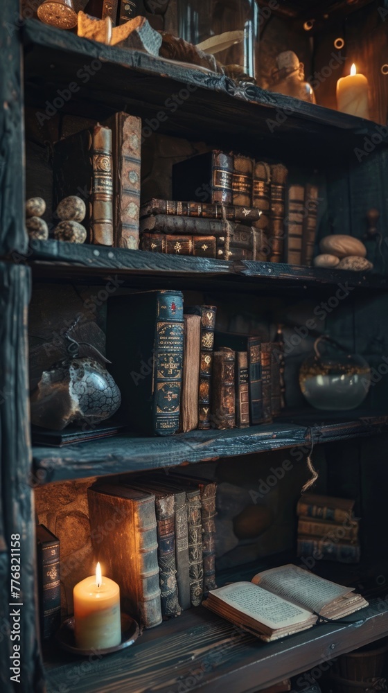 Ancient texts and mysterious potions on dark wood shelves, illuminated by flickering candlelight