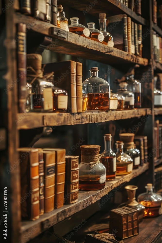 Dark wood shelves laden with leather-bound books and ancient potions, in a dimly lit, atmospheric library
