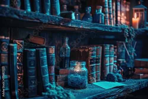 Shadowy library shelves filled with ancient books and mysterious potions, under dim, atmospheric lighting