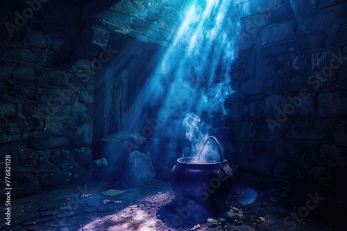 Witch's cauldron in a shadowy alcove, potion brewing, with ambient, mysterious lighting