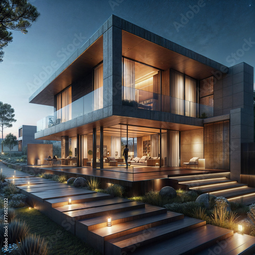 a rendering of a modern house in the evening, a digital rendering  shutterstock contest winner, modernism, vray tracing, stock photo, stockphoto      © Rustam
