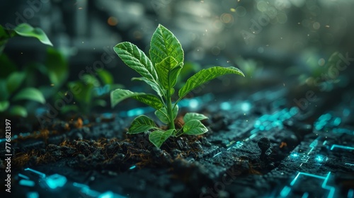 A young plant sprouts from the ground in a futuristic scene