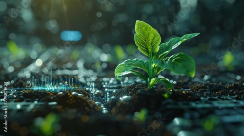 A young sprout pushes through the ground in front of a futuristic backdrop