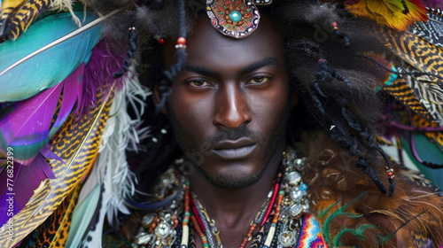 A handsome black man embodies a soul with his intense gaze and warm inviting hues. His wild voluminous hair is adorned with feathers and beads adding to his enigmatic and freespirited . photo