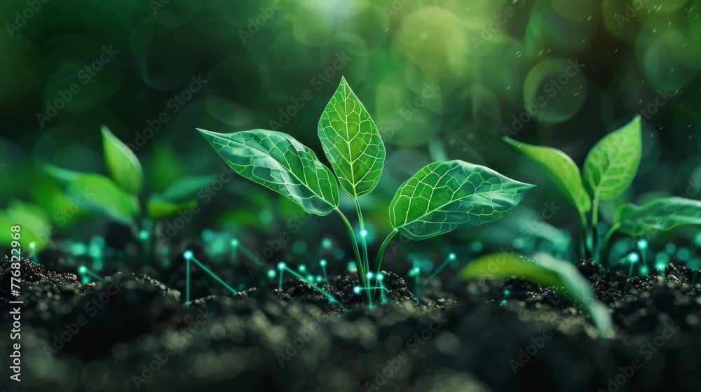 green leaf sprouts growing from the soil and futuristic