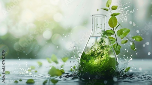 In a laboratory setting, a flask filled with green liquid and adorned with plant leaves, surrounded by mist or water splashes