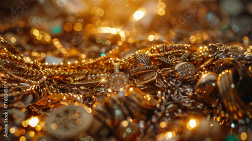Gold jewelry pile background.