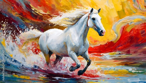 Abstract oil painting  running white horse on red water  color splash from the water  yellow
