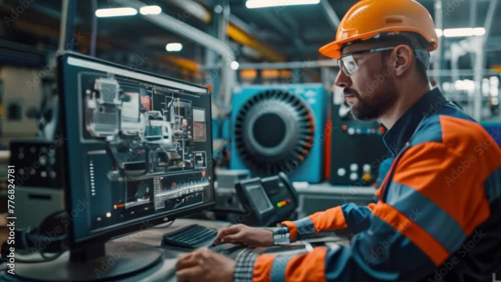 An engineer is using a computer to monitor live machine data in a smart factory automotive industrial industry 4th IoT digital manufacturing operation