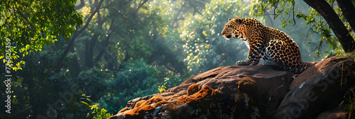 Stunning Display of Leopard in its Serene and Dense Green Wildlife Habitat photo