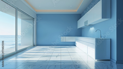 3D render of empty, modern kitchen interio