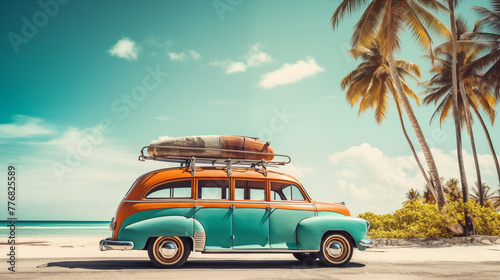 Vintage car on the beach with a surfboard on the roof.