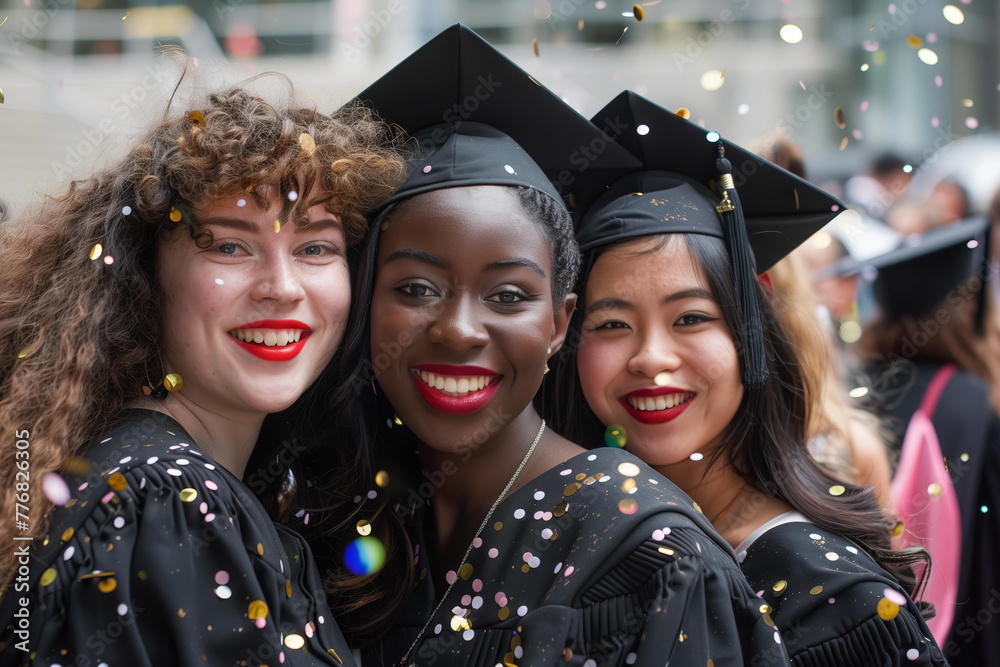 Obraz premium three diverse friends at a graduation ceremony portrait wearing traditional black graduation gowns and hats, a bit of confetti