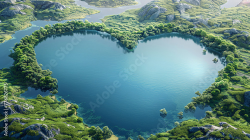 3D rendering of heart-shaped lake amidst untouched wildernes photo
