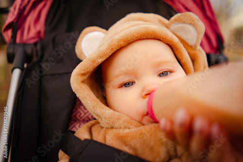 Mother Feeding Her Baby in a Stroller During a Day Out in the Park. A baby, bundled in a bear suit, is being fed by a mother from a bottle while sitting in a stroller.