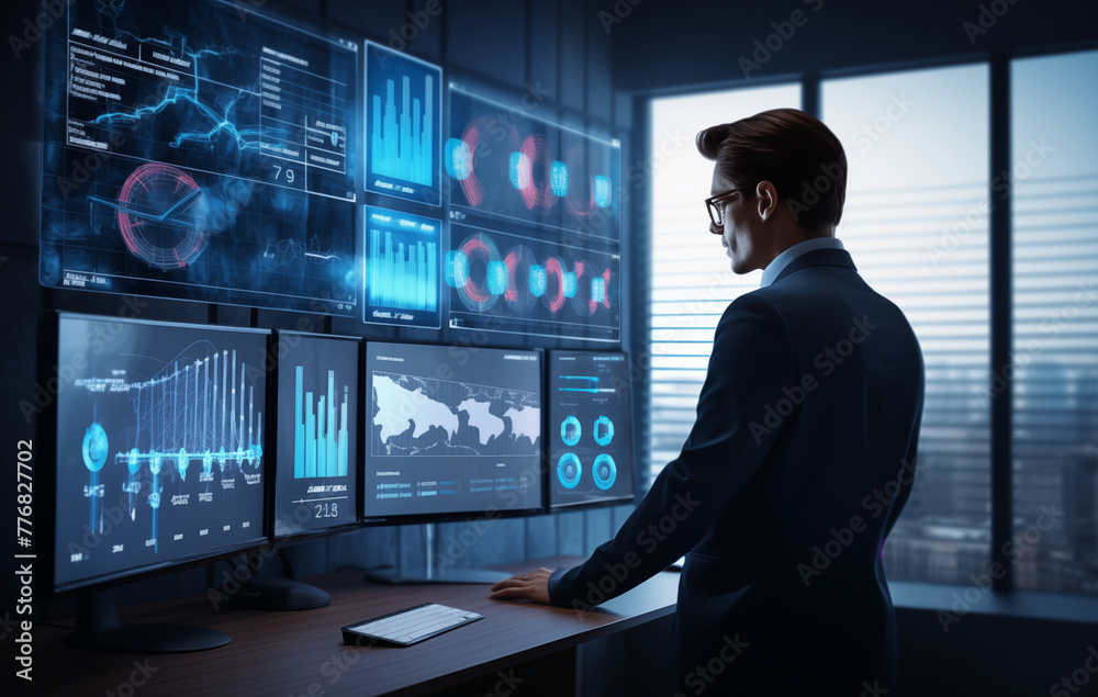 Businessman touch automated data management system to create reports with KPIs and indicators connected to the database. Data analysis with intelligent AI robot technology in business analysis Businessman touch automated data management system to create reports with KPIs and indicators connected to the database. Data analysis with intelligent AI robot technology in business analysis