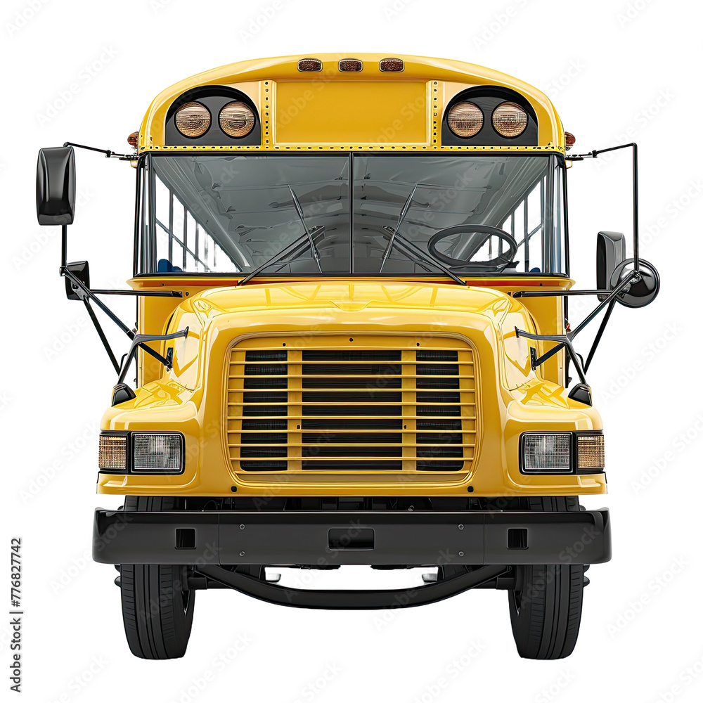 yellow school bus front view isolated on transparent background.