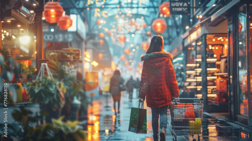A woman in a red coat is walking down a street with other people A woman in a red coat is walking down a street with other people