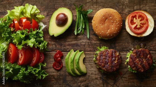 Various fresh burger ingredients neatly arranged on a wooden table, including lettuce, tomato, and avocado