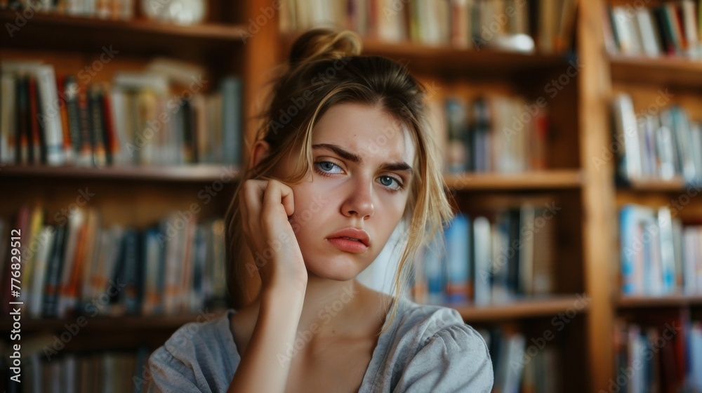 A woman is seated in front of a bookshelf, surrounded by various books neatly arranged on the shelves. A woman is seated in front of a bookshelf, surrounded by various books neatly arranged on the shelves.