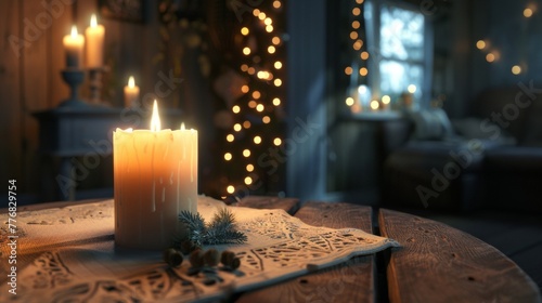 A lit candle is placed on top of a wooden table. The flame flickers as it illuminates its surroundings.