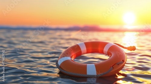 A red and white life preserver buoyantly floats on the calm surface of a body of water, ready to be used in case of an emergency.  © tashechka