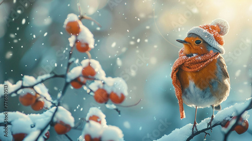 Beautiful funny Christmas birds wearing adorable little red hat, Winter table with a cute bird on it wearing a winter hat - snowy plank with snowfall in the cold sky. 