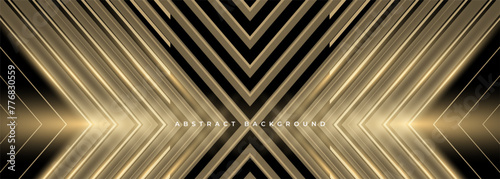 Abstract luxury black and gold vector background with golden arrows, angles and lines. Elegant luxury wide banner with 3d geometric arrow shapes and light rays. Vector illustration