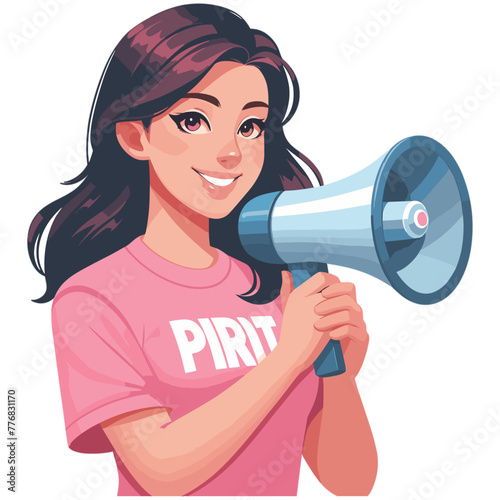 Happy Smiling woman wearing pink t-shirt holding a loudspeaker vector