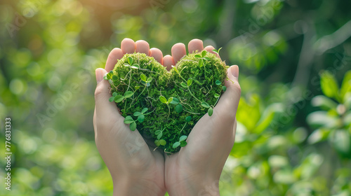 Heart-Shaped Greenery Held in Hands . Caring hands hold a heart-shaped piece of moss and green leaves, symbolizing love and commitment to environmental preservation and nature. 