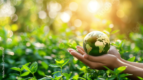 Hands Holding Earth for Environmental Conservation . Hands cradling a small green Earth, symbolic of environmental care and conservation, with a backdrop of vibrant foliage bathed in sunlight. 