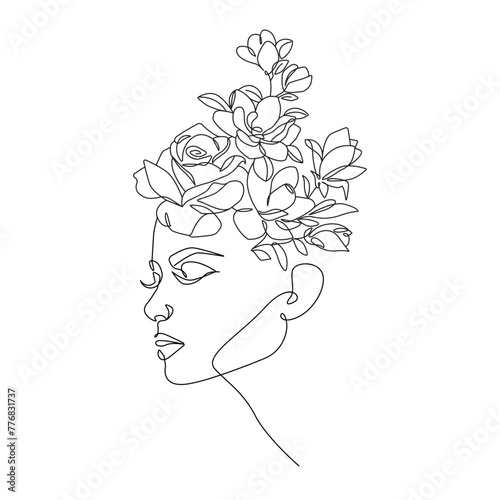 Woman Face with Flowers Line Art Drawing. Female Silhouette Minimal Illustration. Modern Trendy Line Art Drawing for Wall Decor, Fashion Minimal Print, Poster, Social Media. Beauty Logo. Vector EPS 10