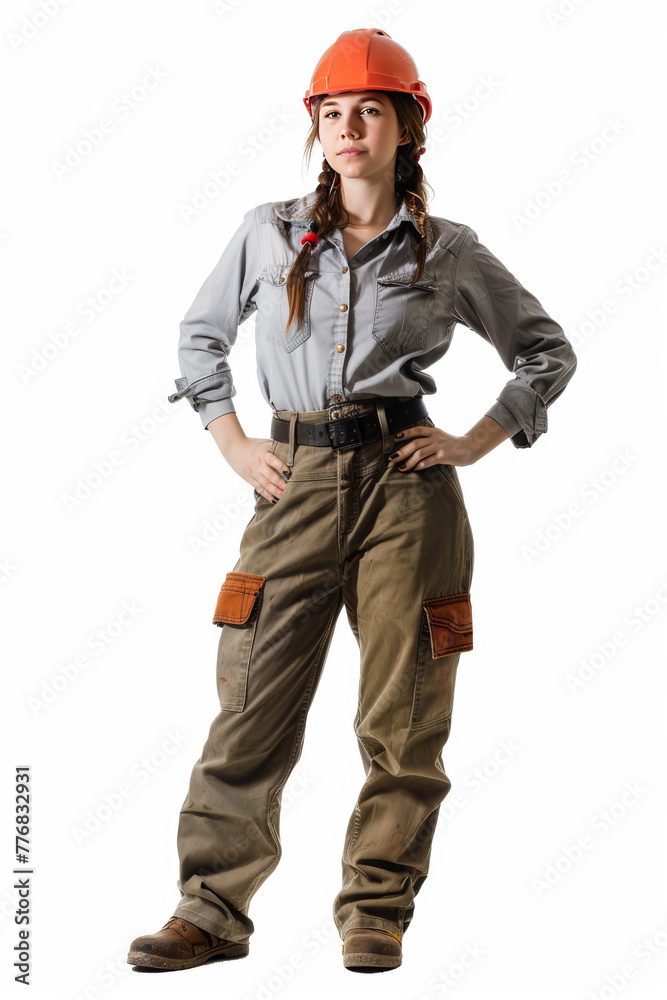 Casual Female Worker in Construction Gear Over White Background Casual Female Worker in Construction Gear Over White Background