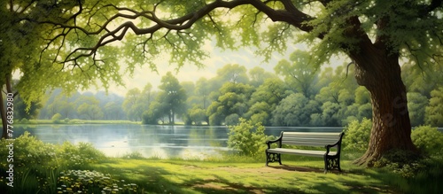 Scenic painting of a peaceful bench nestled under a lush tree by the serene lake shore