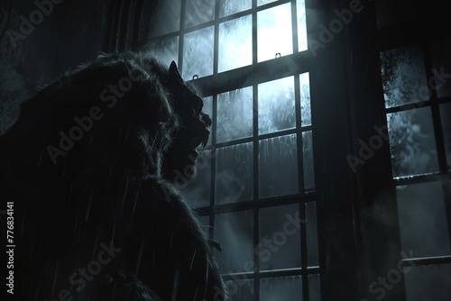 At night the imposing silhouette of a werewolf like gargantuan creature looking at the window photo