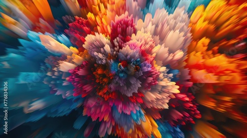 Vibrant explosion of colors in an abstract pattern  resembling a kaleidoscopic burst  evoking energy and dynamic motion.