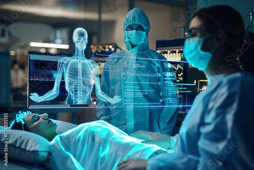Integrating AI in clinical trials with holographic graphic overlays photo