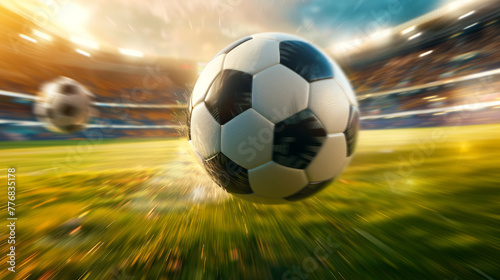 A thrilling soccer ball flies across the pitch in a stadium filled with excited fans, capturing the essence of sports enthusiasm © road to millionaire