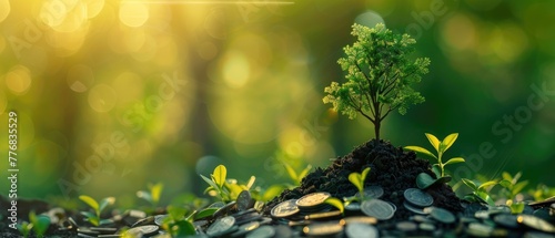 Young sapling growing beside mature tree over coins on fertile soil, concept of investment growth.