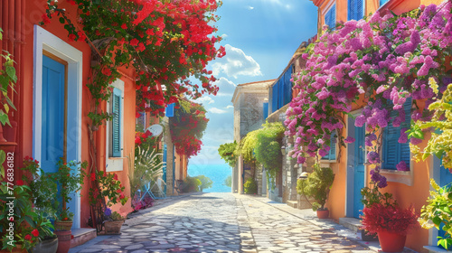 Charming colorful Mediterranean street in sunlit afternoon