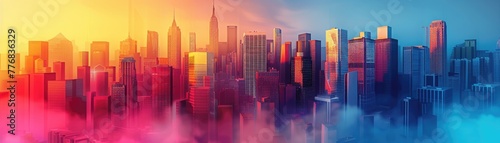 Urban skyline with blended buildings in vivid colors, abstract representation of city life and technology.
