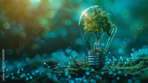 Eco-Friendly Energy Concept with Lightbulb Tree
. An imaginative portrayal of a lush tree growing inside a lightbulb, representing sustainable energy and eco-friendly innovations against a networked b photo