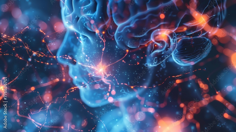 Close-up human brain illustration showing firing neurons activity - obrazy, fototapety, plakaty 