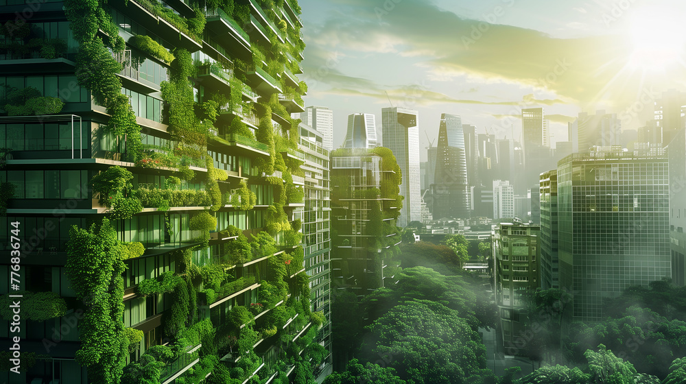 Eco-Friendly Green Buildings in Urban Landscape
. Modern city skyline with sustainable architecture, featuring buildings covered in lush greenery under a dawn sky, with birds flying overhead.
