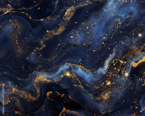 Abstract blue and gold marble background, watercolor illustration of fluid patterns with glittering stars