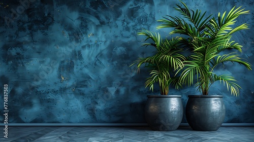 A modern interior with two lush green potted plants against a textured dark blue wall 