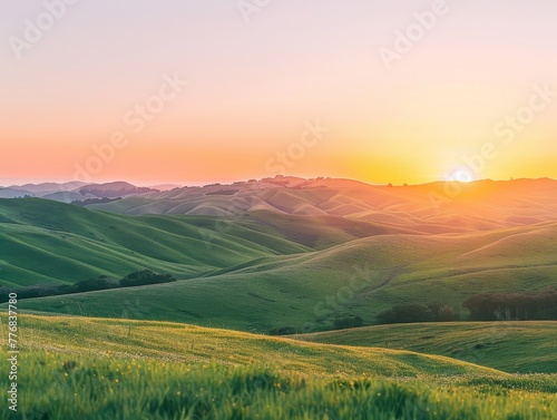 A majestic mountain landscape bathed in the warm glow of a sunrise, with fluffy clouds scattered across a vibrant sky