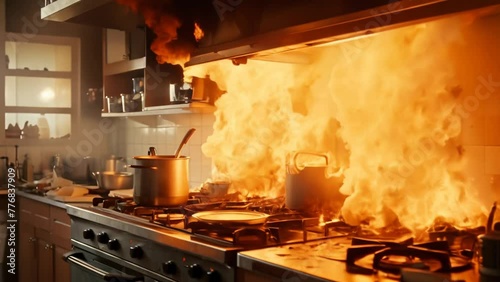 Kitchen fire disaster with flames engulfing stove photo